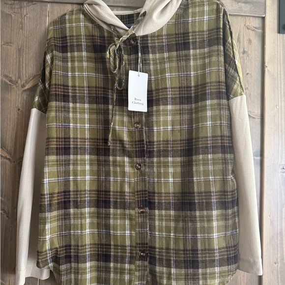 Boutique Green and Brown Plaid Hooded Shirt - Picture 1 of 3